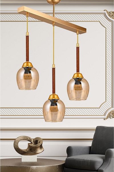 DEDE Extravagant Triple Pendant Lamp Chandelier with Walnut Honey Glass