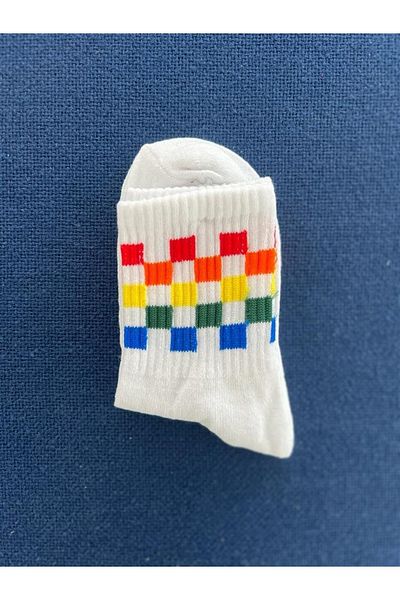 Touz Rainbow Eyl Checkers Unisex White College Socks