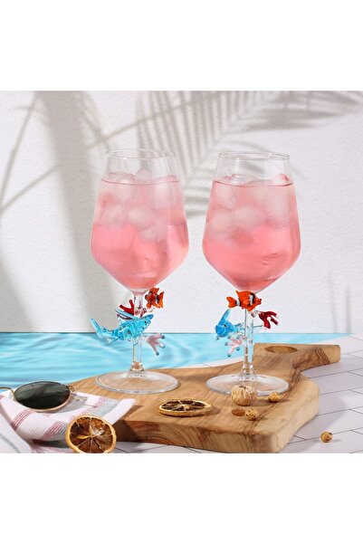 ADAMODART Mavi Köpek Balığı Cam Figürlü 2'li Şarap Kadehi