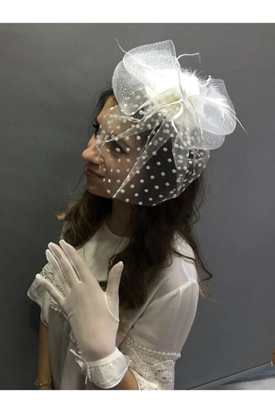 Hayalperest boncuk Polka Dot Bridal Cap and Flower Detailed Bridal Gloves