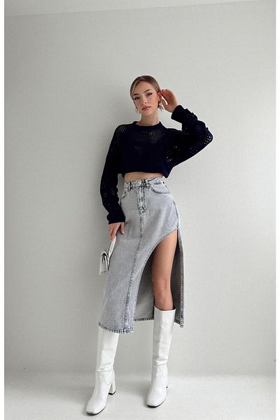 HARMONY GLOBAL Gray Asymmetrical Side Slit Long Denim Women's Skirt