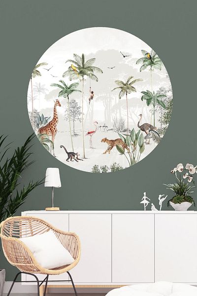 Sim Tasarım White Green Round Tropical Animals Wall Sticker