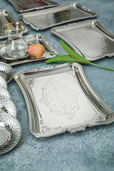 BİTERSE 6 Adet Gümüş Renk Dekoratif Metal Sunum Tepisisi tek Kişilik Sunum Tepsisi 25 X 17 Cm