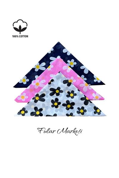 Fular Marketi 100% قطن 3 قطع نمط ديزي أزرق داكن، وردي، أبيض