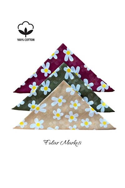 Fular Marketi 100% قطن 3 قطع نمط ديزي بورجوندي، كاكي، بني حليبي