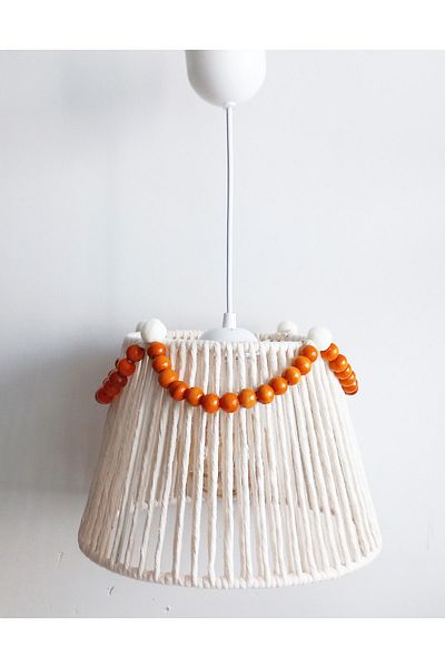 C&A&B KUZEY AVİZE Ecru Macrame String Wrap Orange Wooden Bead Ecru Pompom Baby Girl and Children's Room Pendant Lamp Chandelier