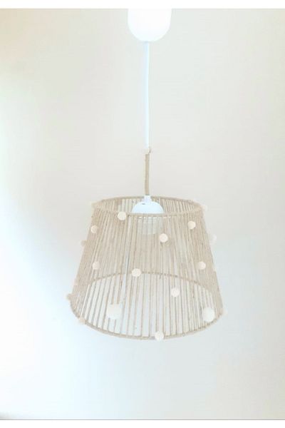 C&A&B KUZEY AVİZE Wicker Rope Wrapped Cream Pompom Baby and Children's Room Pendant Lamp Chandelier