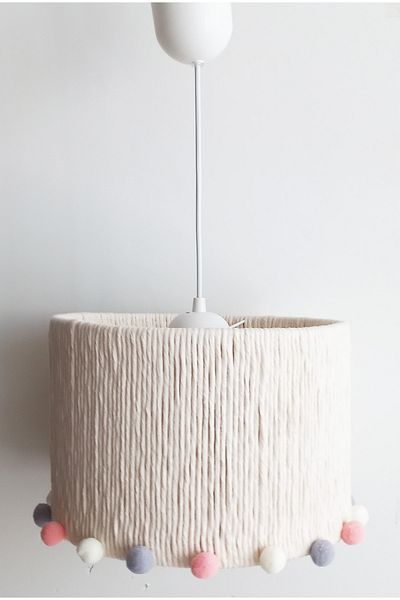 C&A&B KUZEY AVİZE Ecru Macrame Rope Wrapped Colorful Pompom Baby Girl Kid's Room Design Pendant Lamp Chandelier