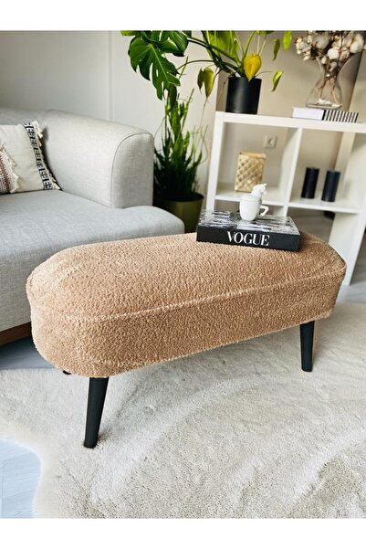 PUFANNA Retro Ceviz Renk Ahşap Ayaklı Oval Bench Puf Kahverengi Teddy Kumaş 9...