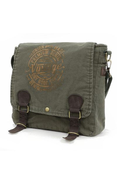Old Cotton Cargo 8045 Khaki Green Postman Shoulder Canvas Tablet Χαρτοφύλακας Laptop School Τσάντα για σημειωματάριο