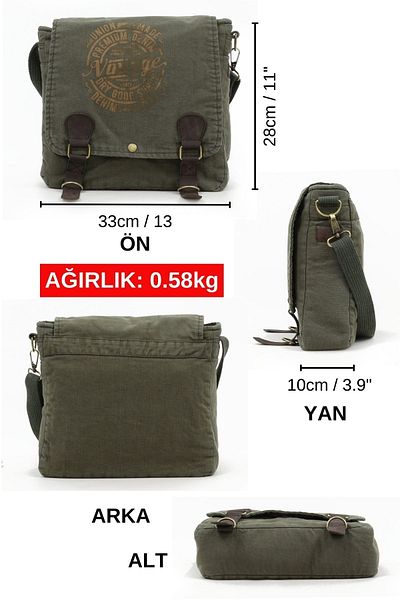Old Cotton Cargo 8045 Khaki Green Postman Shoulder Canvas Tablet Χαρτοφύλακας Laptop School Τσάντα για σημειωματάριο