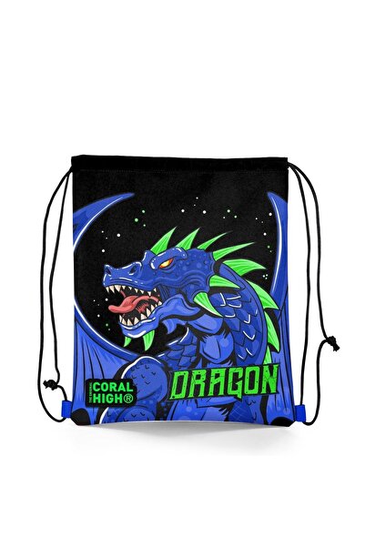 Coral High Kids Black Cobalt Blue Dragon Patterned Drawstring Drawstring Back...