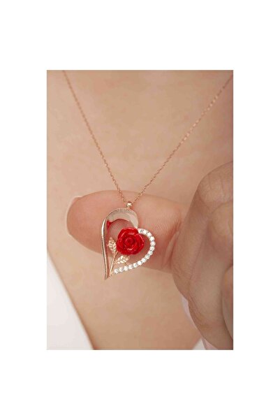 Şimal Silver 925 Ayar Gümüş Kalplı Gül Kolye