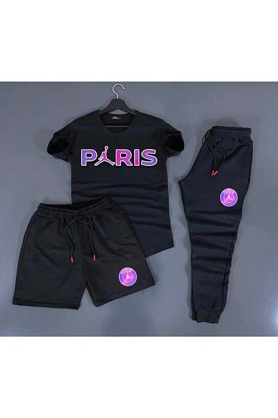 NewCabin New Season Paris Printed Trend 3-Piece T-Shirt-Sweatpants-Shorts Slim Fit Set Bottom Top