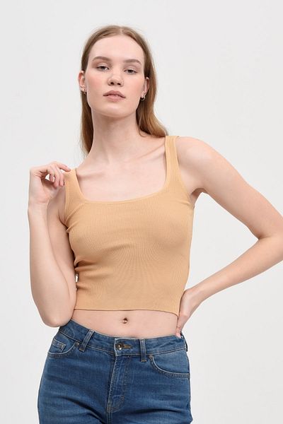 Fanori Woman Εφαρμοσμένο/Εφαρμοσμένο Crop Τετράγωνο Γιακά Κορδόνι Εύκαμπτο Camel Πλεκτό Αθλητής