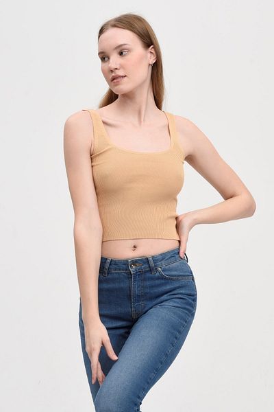 Fanori Woman Εφαρμοσμένο/Εφαρμοσμένο Crop Τετράγωνο Γιακά Κορδόνι Εύκαμπτο Camel Πλεκτό Αθλητής