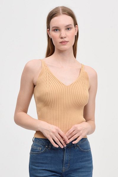 Fanori Woman Εφαρμοσμένο/στενό Crop Γυναικείο πλεκτό με λαιμόκοψη Camel εσώρουχο