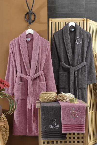 Evanora 100% Cotton Embroidered Head Towel and Bathrobe Set of 4 Dowry Set Turkish Bath Set Bathroom Set