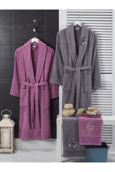 Evanora 100% Cotton Embroidered Head Towel and Bathrobe Set of 4 Dowry Set Turkish Bath Set Bathroom Set