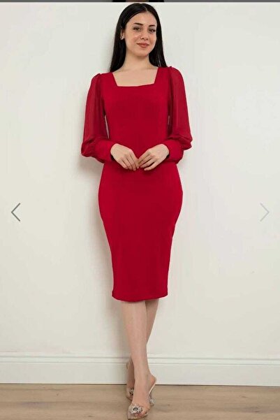 ADALYA BUTİK Kırmızı Kare Yaka Midi Boy Elbise