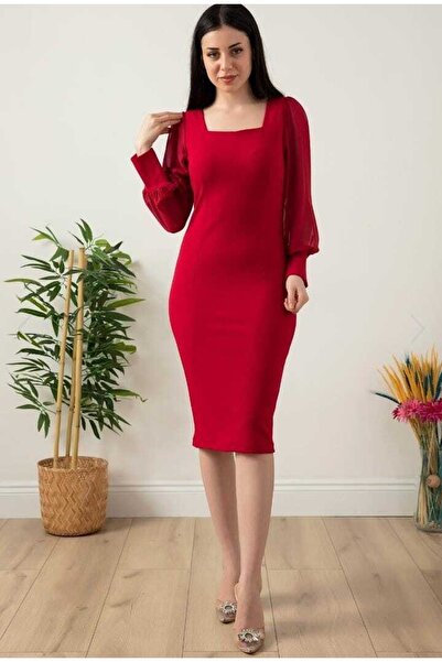 ADALYA BUTİK Kırmızı Kare Yaka Midi Boy Elbise