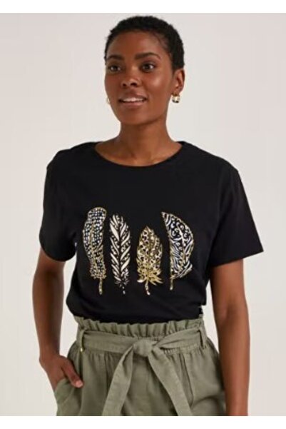 Kübra Tekstil تي شيرت قطن 100% مطبوع عليه ريش أسود