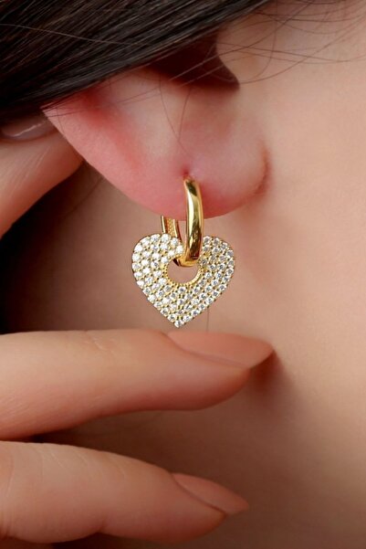 Silvano Jewelry 925 Ayar Gümüş Kalp Detaylı Taşlı Küpe (gold)