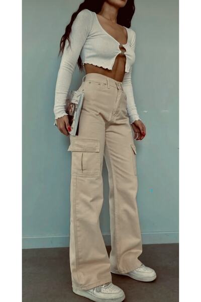 Pubi Omoda-σκούρο μπεζ (χρώμα μελιού) Τζιν παντελόνι παλάτσο με ψηλή μέση και...