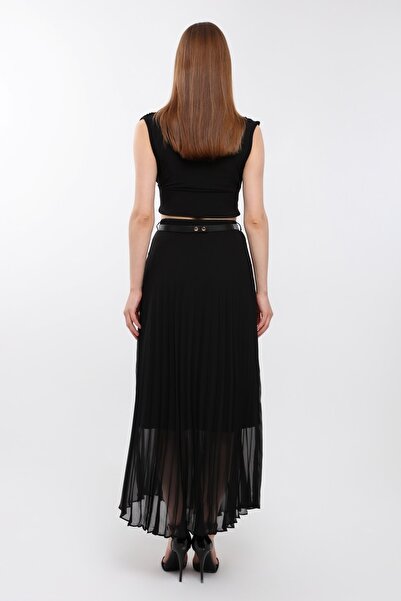 sehatex Fusta din șifon plisată - Qys cu model, talie elastică și căptușeală