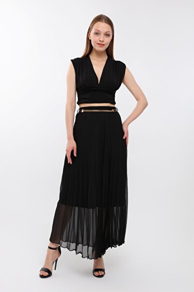 sehatex Fusta din șifon plisată - Qys cu model, talie elastică și căptușeală