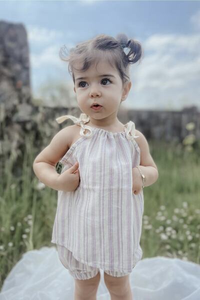 Blanie KİDS Askılı Vintage Çizgili Keten Kız Takım