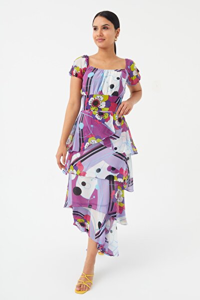 Hanna's by Hanna Darsa Kadın Mor Düşük Omuzlu Lastik Detaylı Dokuma Crop Bluz...