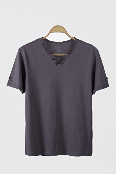 VERDONE Erkek Mor Armut Yaka Düğme Detaylı T-shirt