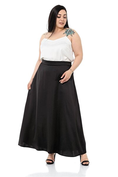 DISENTIS MODEST Large Size Elastic Waist Back Flared Satin Long Black Skirt