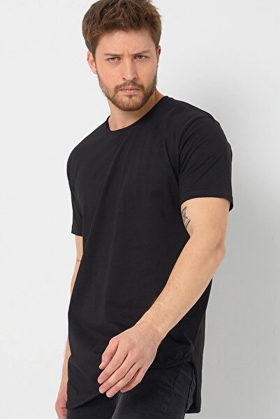 AMAZING CRASH Basic Erkek Bisiklet Yaka Long Fit Eteği Biyeli T-shirt