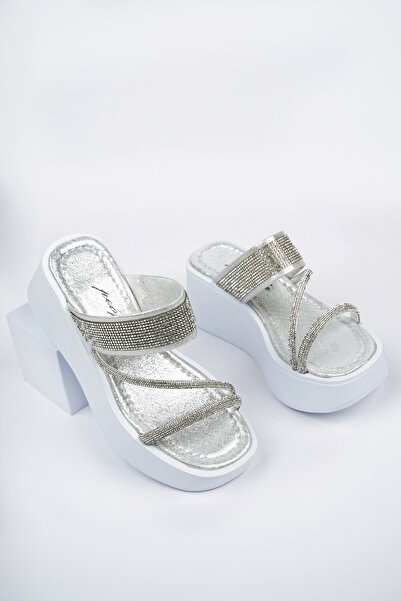 Freemax Detaliu de piatră garantat pentru femei, cu platformă de 6 cm, pentru zi cu zi, cu talpă înaltă Eva, papuci cu toc compensat argintiu