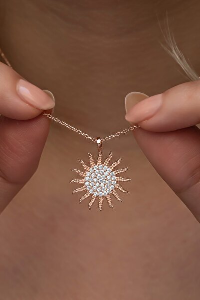 Nereze 925 Ayar Gümüş Rose Kaplama Zirkon Taşlı Güneş Model Kolye