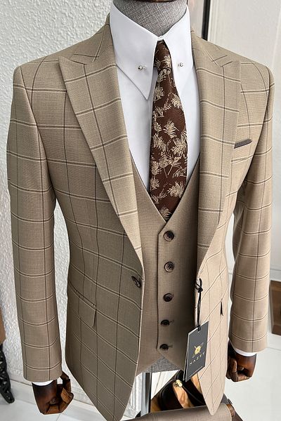 NAZEF Slim-Fit Plaid Pointed Collar Men's Suit with Vest (Shirt Included)