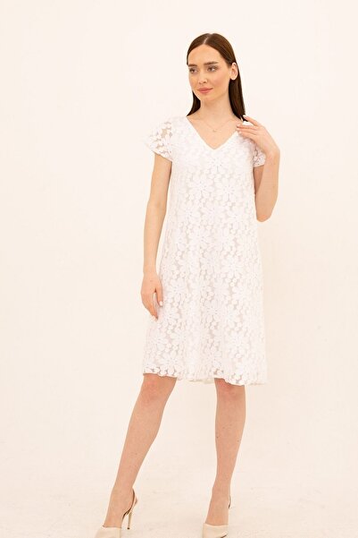 Laranor Rochie albă din dantelă Lez cu șnur