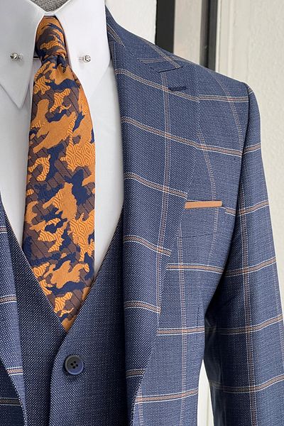 NAZEF Slim-Fit Plaid Pointed Collar Men's Suit with Vest (Shirt Included)