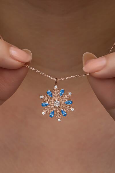 Nereze 925 Ayar Gümüş Rose Kaplama Aquamarin Taşlı Kartanesi Kolye