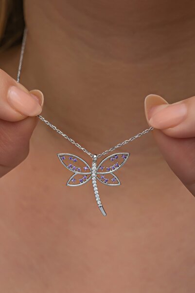 Nereze 925 Ayar Gümüş Mor Zirkon Taşlı Yusufcuk Model Kolye