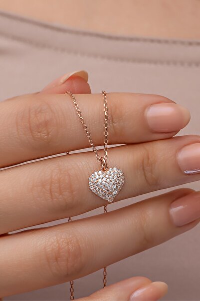 Nereze 925 Ayar Gümüş Rose Kaplama Zirkon Taşlı Minimal Kalp Kolye