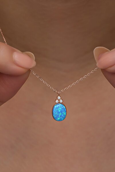 Nereze 925 Ayar Gümüş Rose Kaplama Oval Mavi Opal Taşlı Kolye