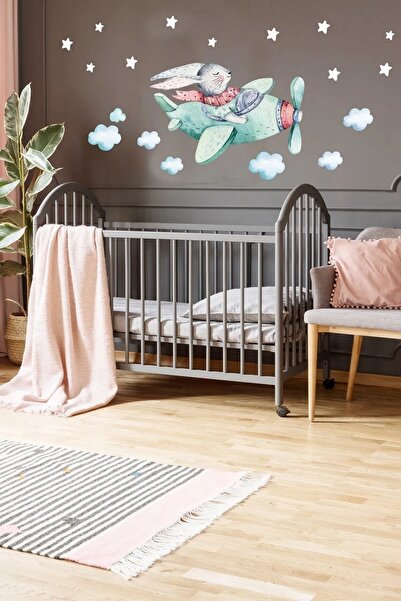 Sim Tasarım Yeşil Pilot Tavşan Duvar Sticker Set Renkli - Sim23 -