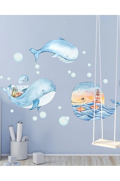 Sim Tasarım Marine Themed Blue Whales Wall Sticker Set Colorful