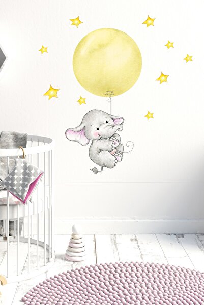 Sim Tasarım Sarı Balonlu Sevimli Fil Duvar Sticker Seti