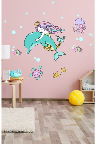 Sim Tasarım - Sim136 - Rengarenk Deniz Kızı Duvar Sticker Seti Renkli
