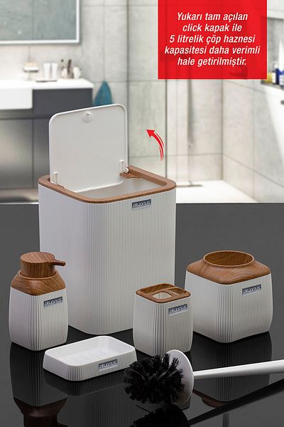 Okyanus Home Wooden Patterned Striped Bathroom Set - White 5 Pieces