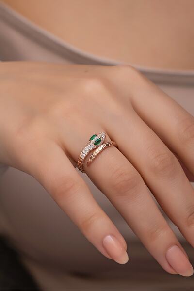 Nereze 925 Ayar Gümüş Ayarlanabilir Rose Kaplama Zirkon Taşlı Yılan Tasarım Y...